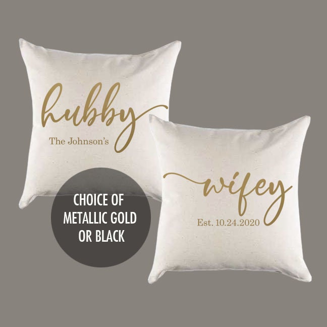Hubby Wifey Custom Name and Date Canvas Pillow Set or Pillow Cover Set