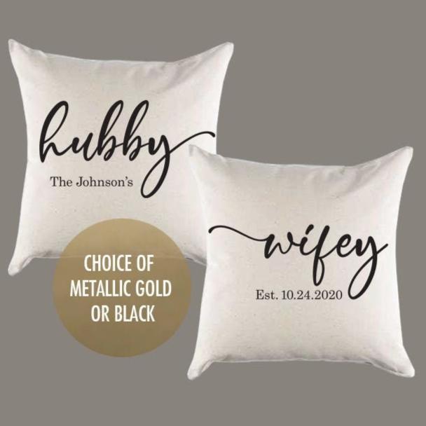 Hubby Wifey Custom Name and Date Canvas Pillow Set or Pillow Cover Set