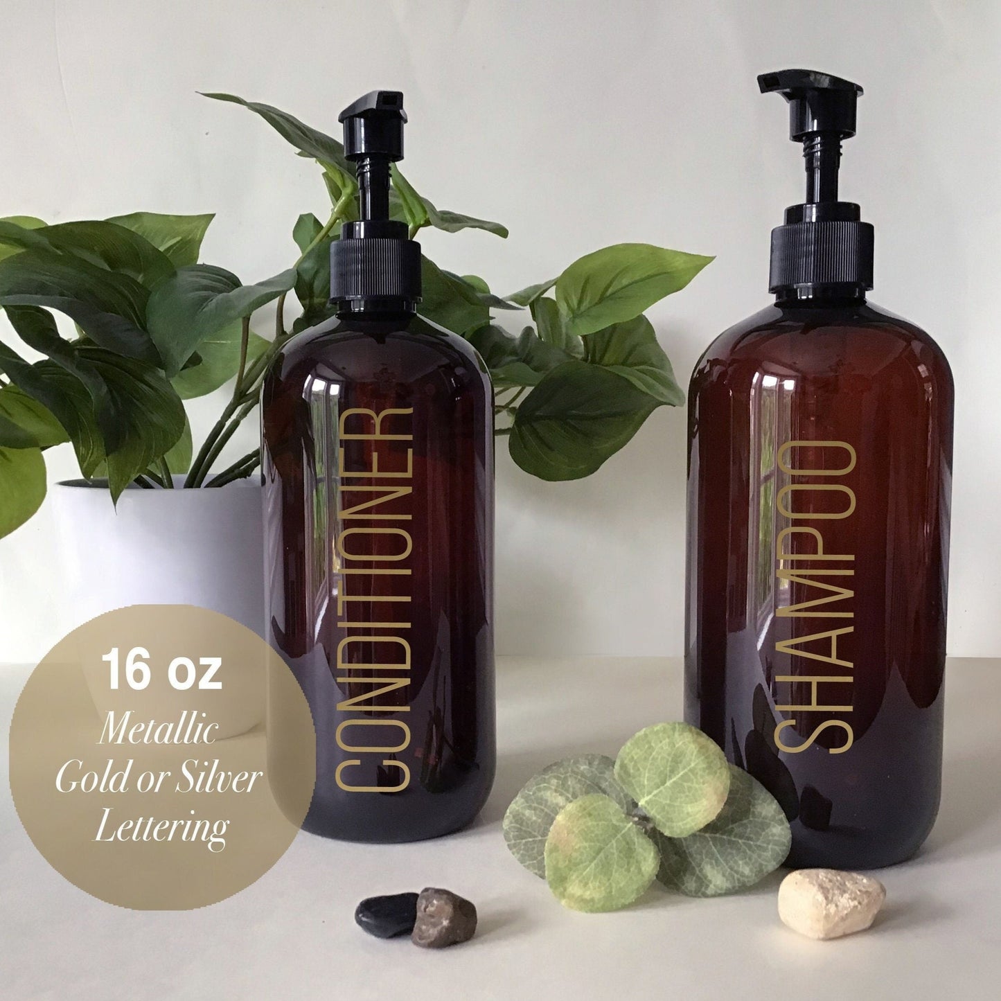 16 ounce Metallic Gold or Silver Label Amber Plastic Dispenser Bottle with Choice of Labels