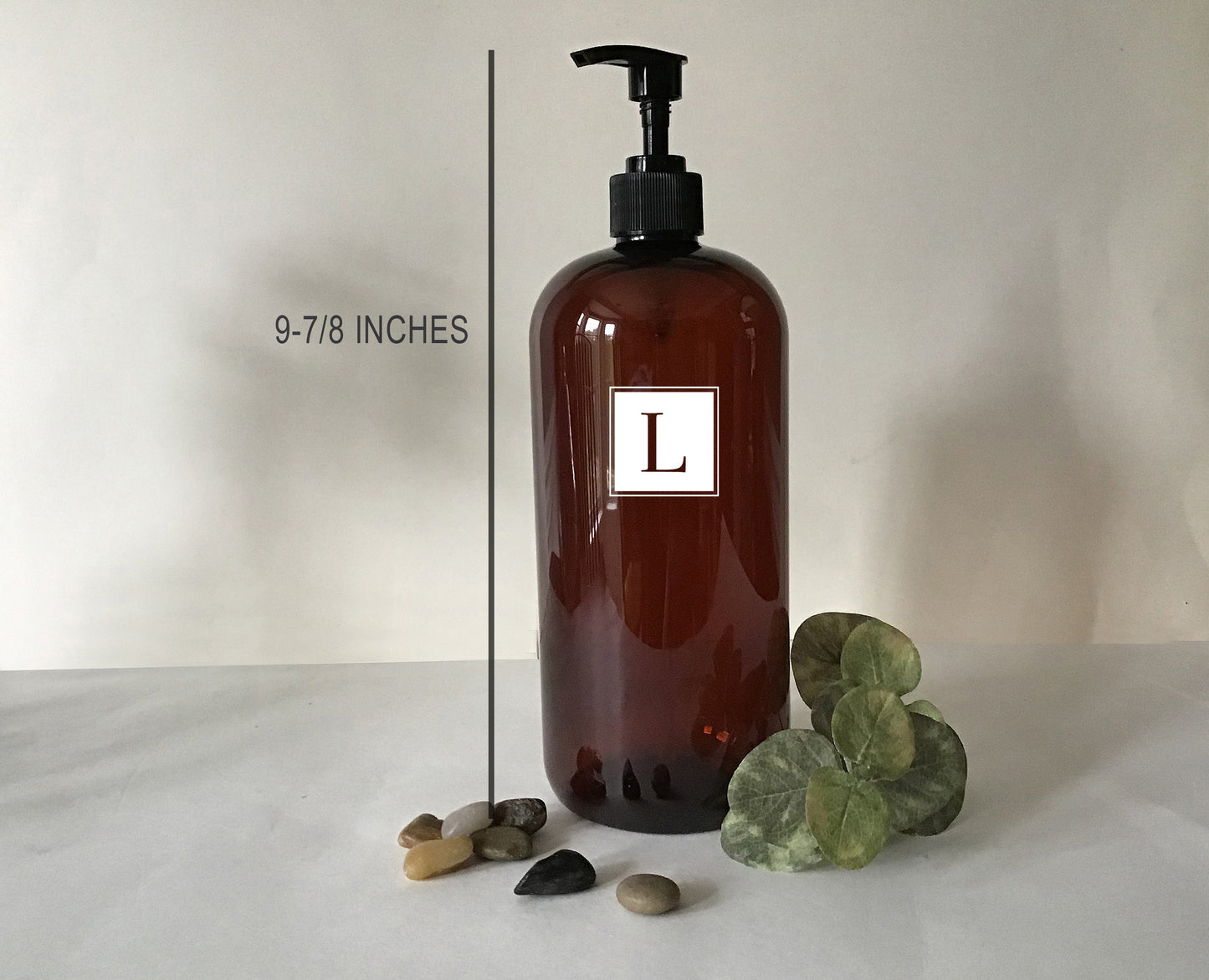32 ounce Amber Plastic Dispenser Bottle with White, Metallic Gold or Metallic Silver Letter or Number