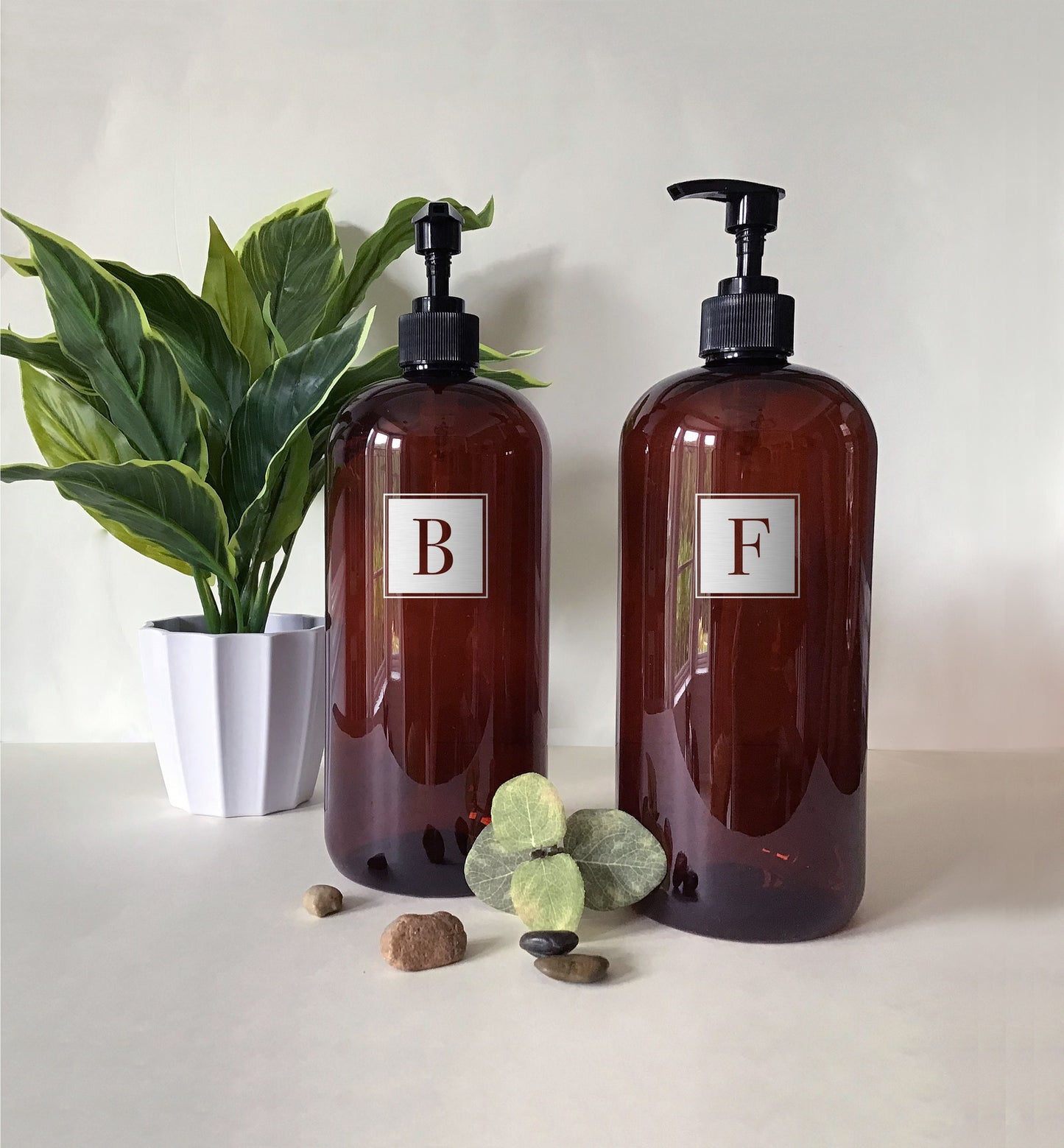 32 ounce Amber Plastic Dispenser Bottle with White, Metallic Gold or Metallic Silver Letter or Number