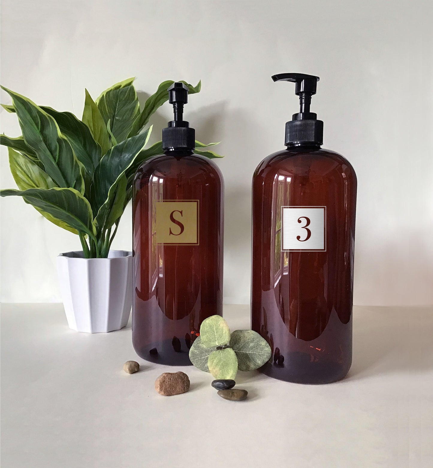 32 ounce Amber Plastic Dispenser Bottle with White, Metallic Gold or Metallic Silver Letter or Number