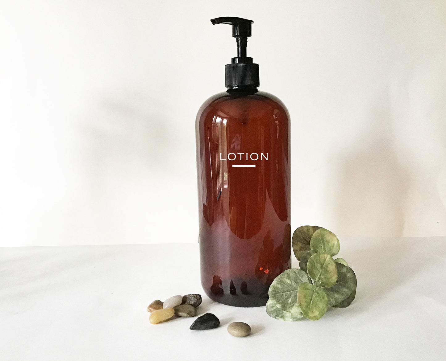 32 ounce Amber Plastic Dispenser Bottle with Choice of Labels