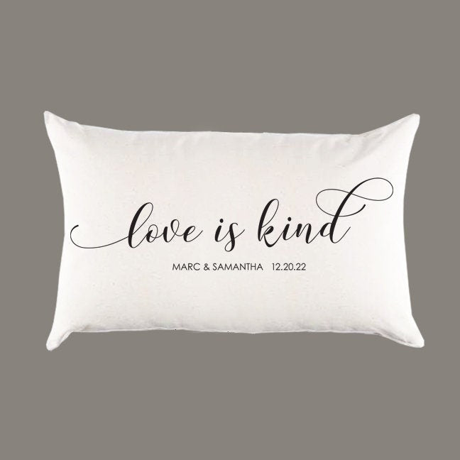Personalized 'Love is kind' 1 Corinthians 13:4 Verse Off-White or Natural Canvas Pillow or Pillow Cover - Wedding|Anniversary|Couple Gift