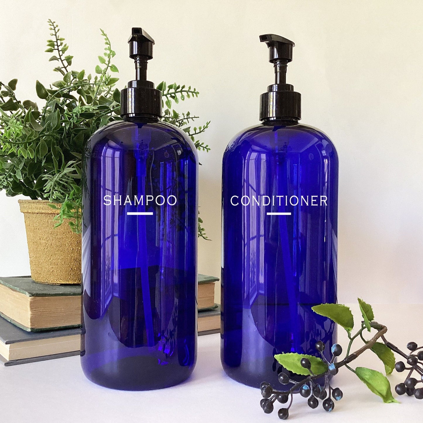 32 ounce Cobalt Blue Plastic Shampoo or Conditioner Dispenser Bottle