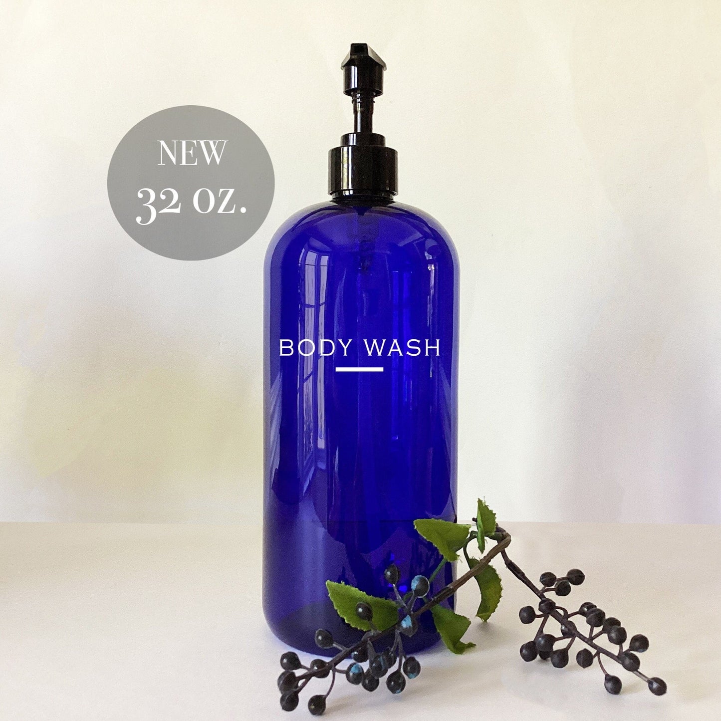 32 ounce Cobalt Blue Plastic Dispenser Bottle with Choice of Labels