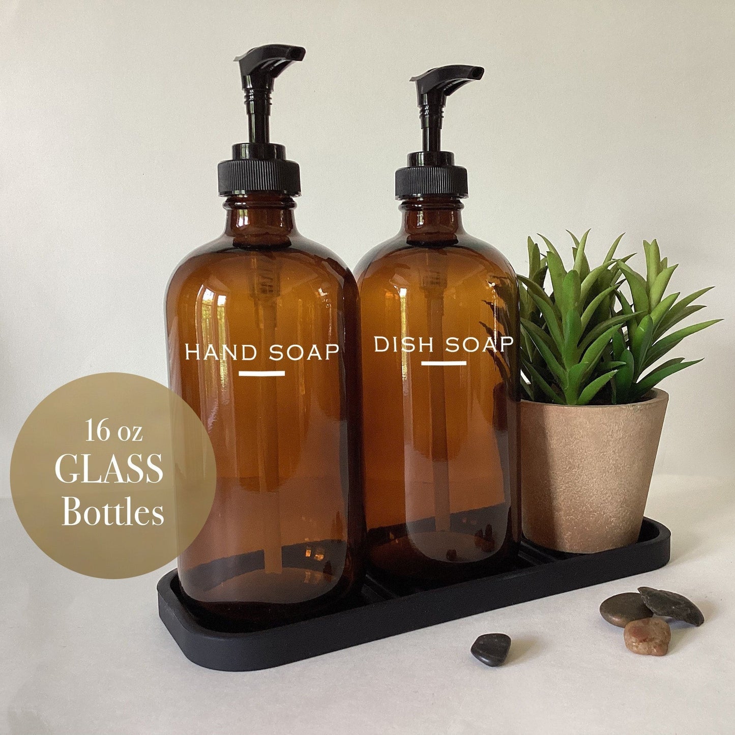 16 oz Glass Amber Hand Soap, Dish Soap or Lotion Bottles or Two Bottle Tray Set