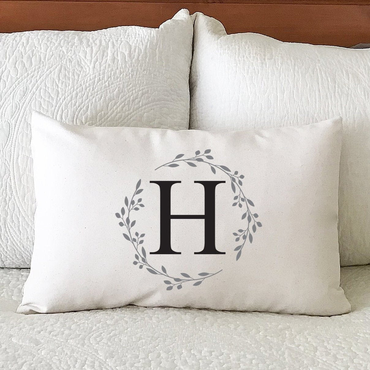 Wreath with Letter Personalized Rectangular Canvas Lumbar Pillow or Pillow Cover
