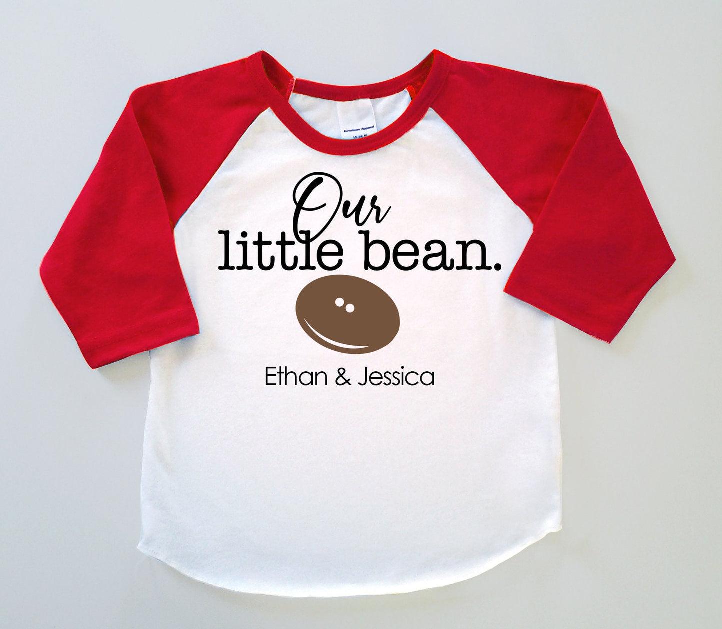 Personalized 'Our Little Bean' Baseball Jersey - Baby Announcement or New Baby Gift Poly Cotton 3/4 Sleeve Baseball Shirt