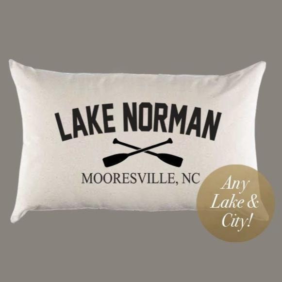 Custom Personalized Lake Name with Oars Canvas Pillow or Pillow Cover