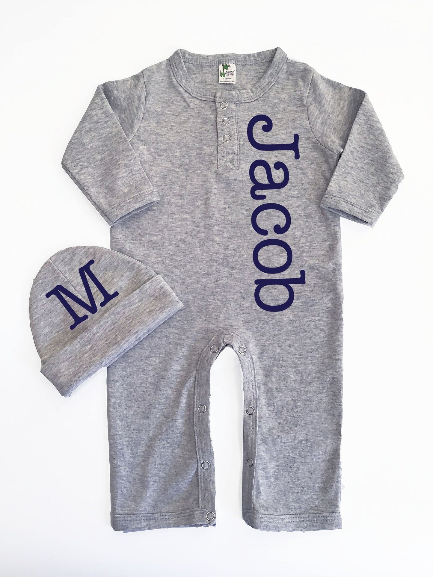 Personalized Heather Gray Henley Romper and Optional Hat (Copy)
