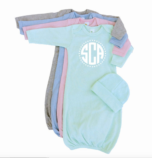 Monogram Personalized Newborn Baby Gown - Infant Girl and Boy - Twins Triplets Quadruplets