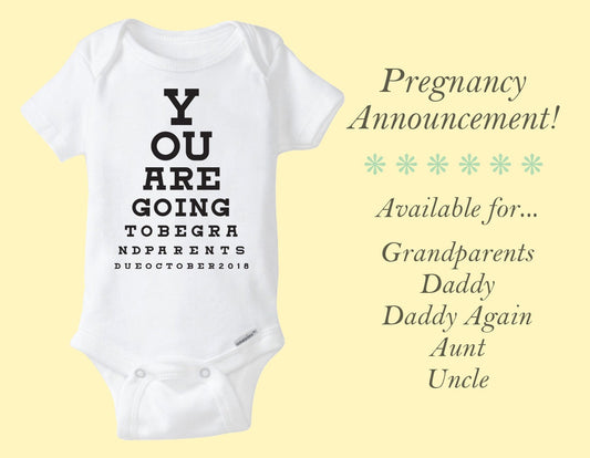 Eye Chart Baby Pregnancy Announcement White Cotton Onesie® Baby Bodysuit - Infant Girl Boy Grandparents Grandmother Grandfather Aunt  Uncle