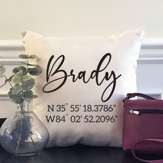 Custom Coordinates and Name Canvas Pillow or Pillow Cover