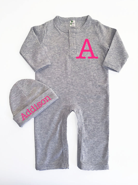 Personalized Long Sleeve Heather Gray Henley Jumpsuit Romper and Hat - Infant Boy or Girl