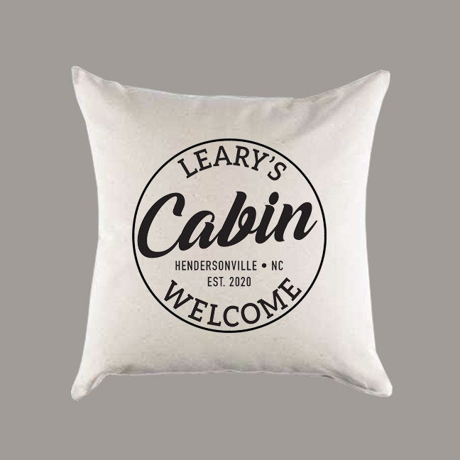 Personalized Custom 'Cabin' Name and Year Established Canvas Pillow or Pillow Cover