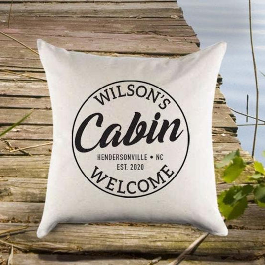 Personalized Custom 'Cabin' Name and Year Established Canvas Pillow or Pillow Cover