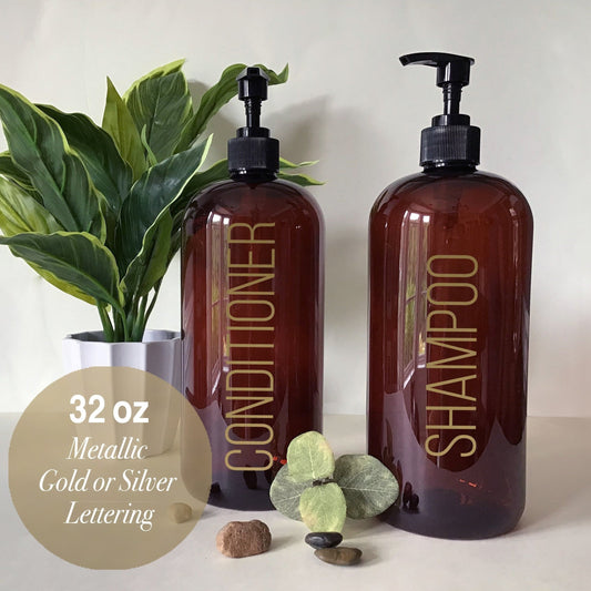32 ounce Metallic Gold or Silver Label Shampoo or Conditioner Amber Plastic Dispenser with Choice of Labels