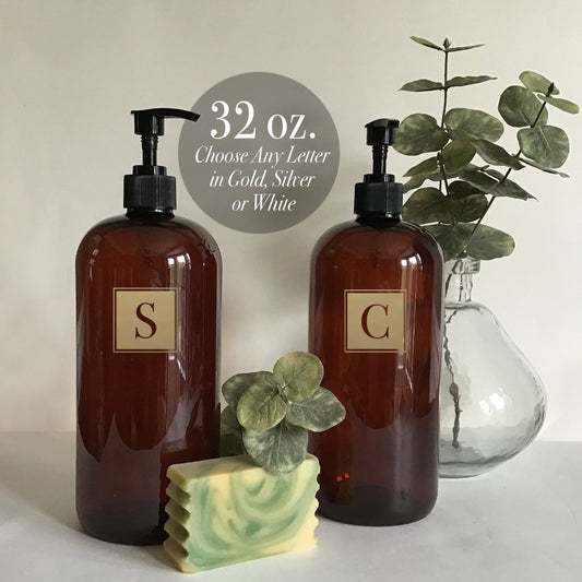 32 ounce Amber Plastic Dispenser Bottle with White, Metallic Gold or Metallic Silver Letter or Number