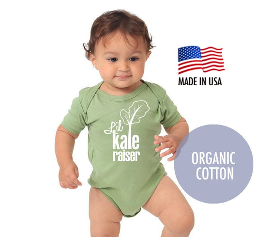 Organic Cotton 'Lil Kale Raiser' Baby One Piece Bodysuit - Infant Girl and Boy Gift American Made Baby Clothing