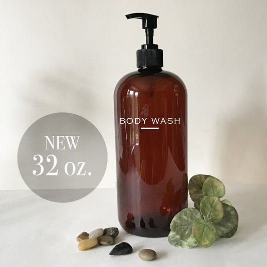 32 ounce Amber Plastic Dispenser Bottle with Choice of Labels
