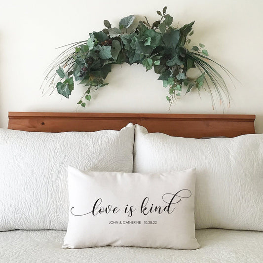 Personalized 'Love is kind' 1 Corinthians 13:4 Verse Off-White or Natural Canvas Pillow or Pillow Cover - Wedding|Anniversary|Couple Gift