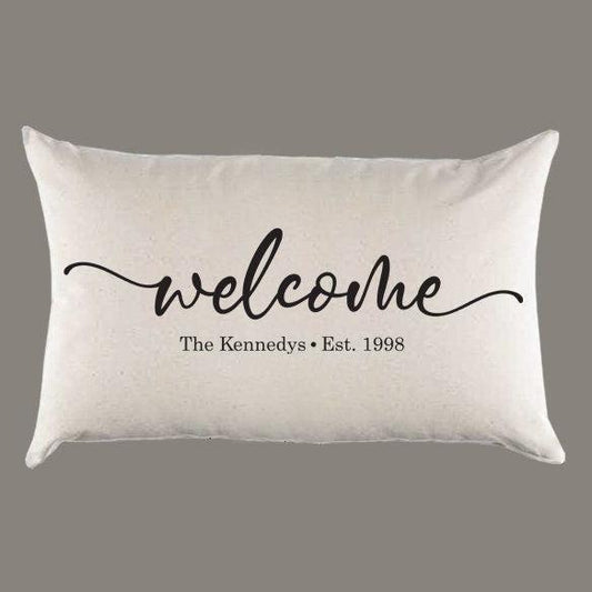 Personalized 'Welcome' Name Est. Year Canvas Pillow or Pillow Cover