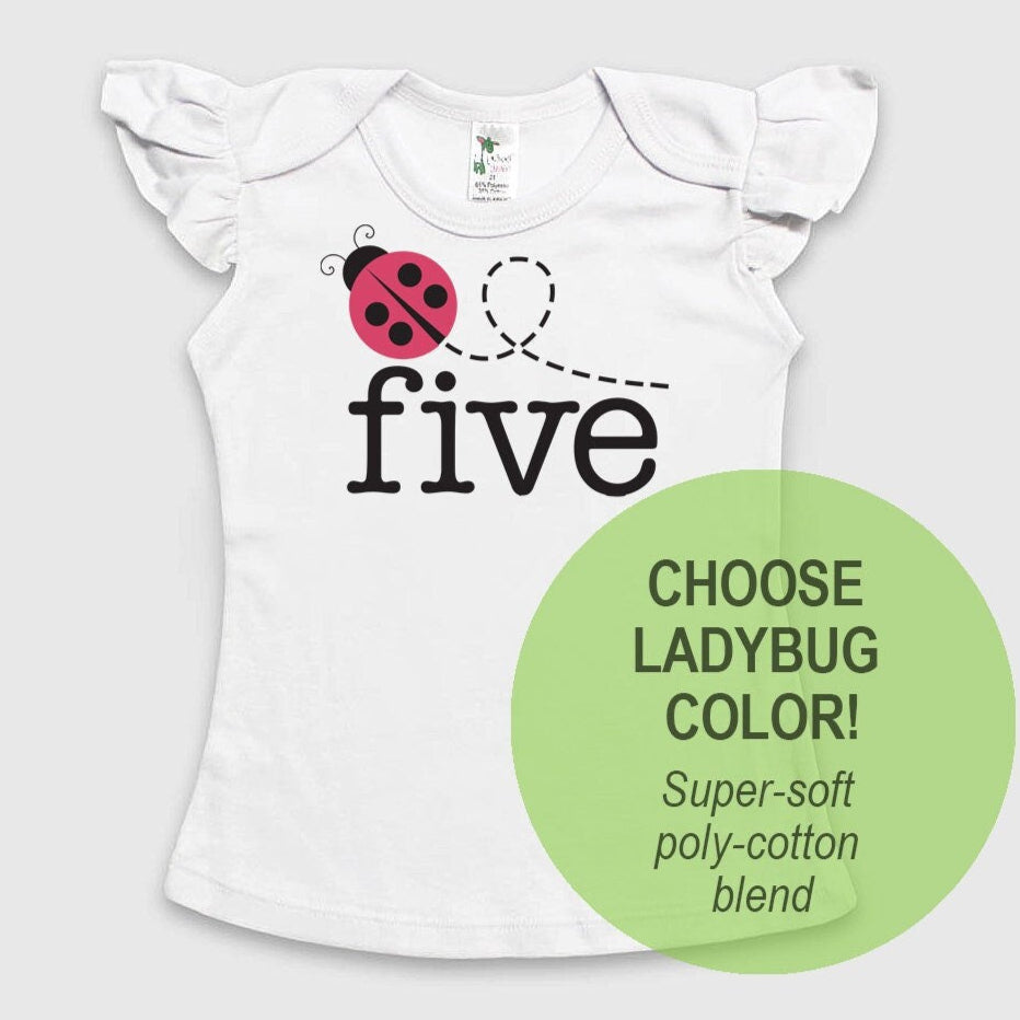 5th Birthday 'five' Ladybug Poly-blend Angel Sleeve Top