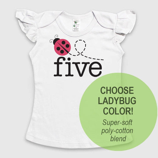 5th Birthday 'five' Ladybug Poly-blend Angel Sleeve Top