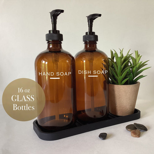 16 oz Glass Amber Hand Soap, Dish Soap or Lotion Bottles or Two Bottle Tray Set