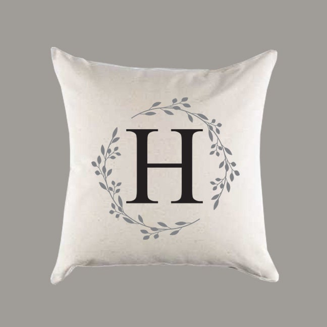 Wreath with Letter Personalized Canvas Square Pillow or Pillow Cover