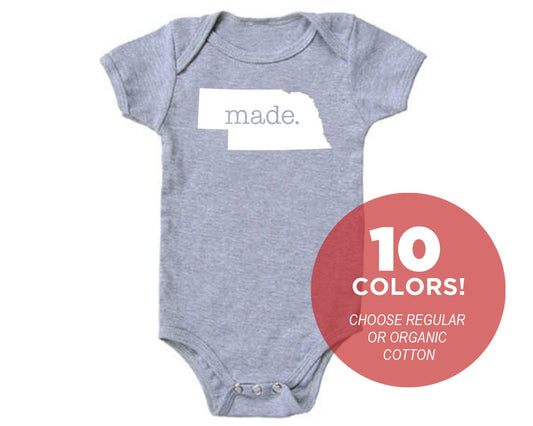 Nebraska 'Made.' Cotton One Piece Bodysuit - Infant Girl and Boy Gift American Made Baby Clothing