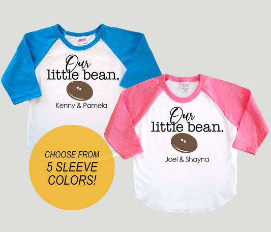 Personalized 'Our Little Bean'  Baseball Jersey  -  Baby Announcement or New Baby Gift Poly Cotton 3/4 Sleeve Baseball Shirt