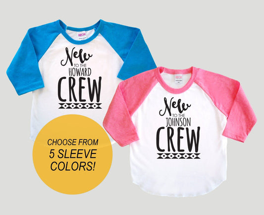 Personalized Infant 'New to the Family Crew' Baseball Jersey  -  Announcement, Baby Shower or New Baby Gift Poly Cotton Baseball Shirt