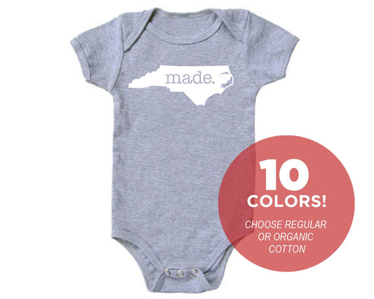 North Carolina 'Made.' Cotton One Piece Bodysuit - Infant Girl and Boy Gift American Made Baby Clothing