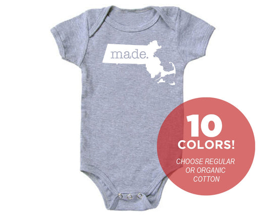 Massachusetts 'Made.' Cotton One Piece Bodysuit - Infant Girl and Boy Gift American Made Baby Clothing