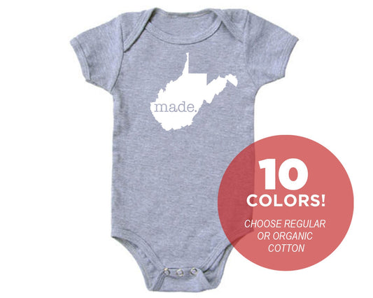 West Virginia 'Made.' Cotton One Piece Bodysuit - Infant Girl and Boy Gift American Made Baby Clothing