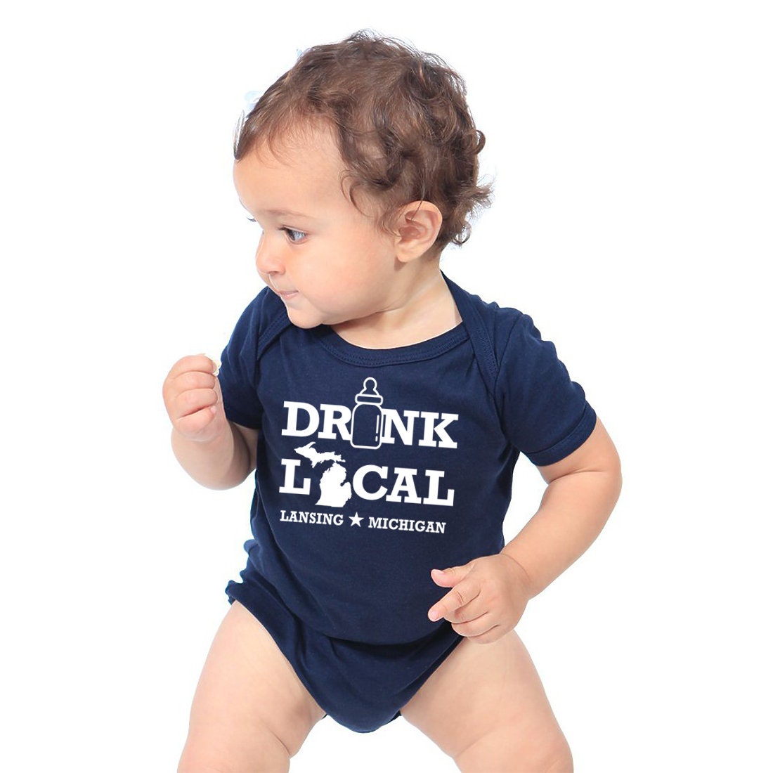 All States 'Drink Local' Personalized Cotton One Piece Bodysuit - Infant Girl and Boy Gift American Made Baby Clothing Funny Baby Gift