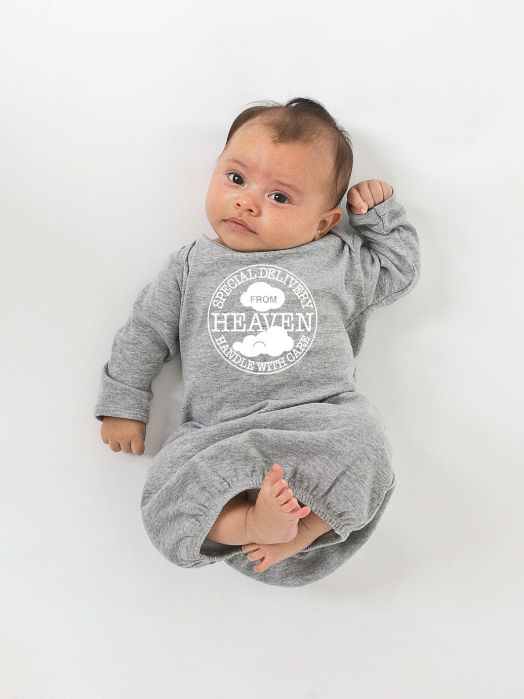 Special Delivery From Heaven • Handle with Care Newborn Baby Gown and Optional Hat