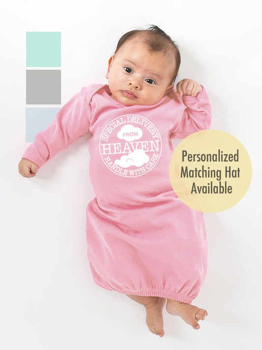 Special Delivery From Heaven • Handle with Care Newborn Baby Gown and Optional Hat