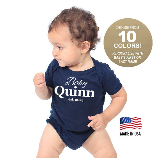 Personalized Baby Gift Established Cotton One Piece Bodysuit - Infant Girl and Boy Gift American Made Baby Clothing