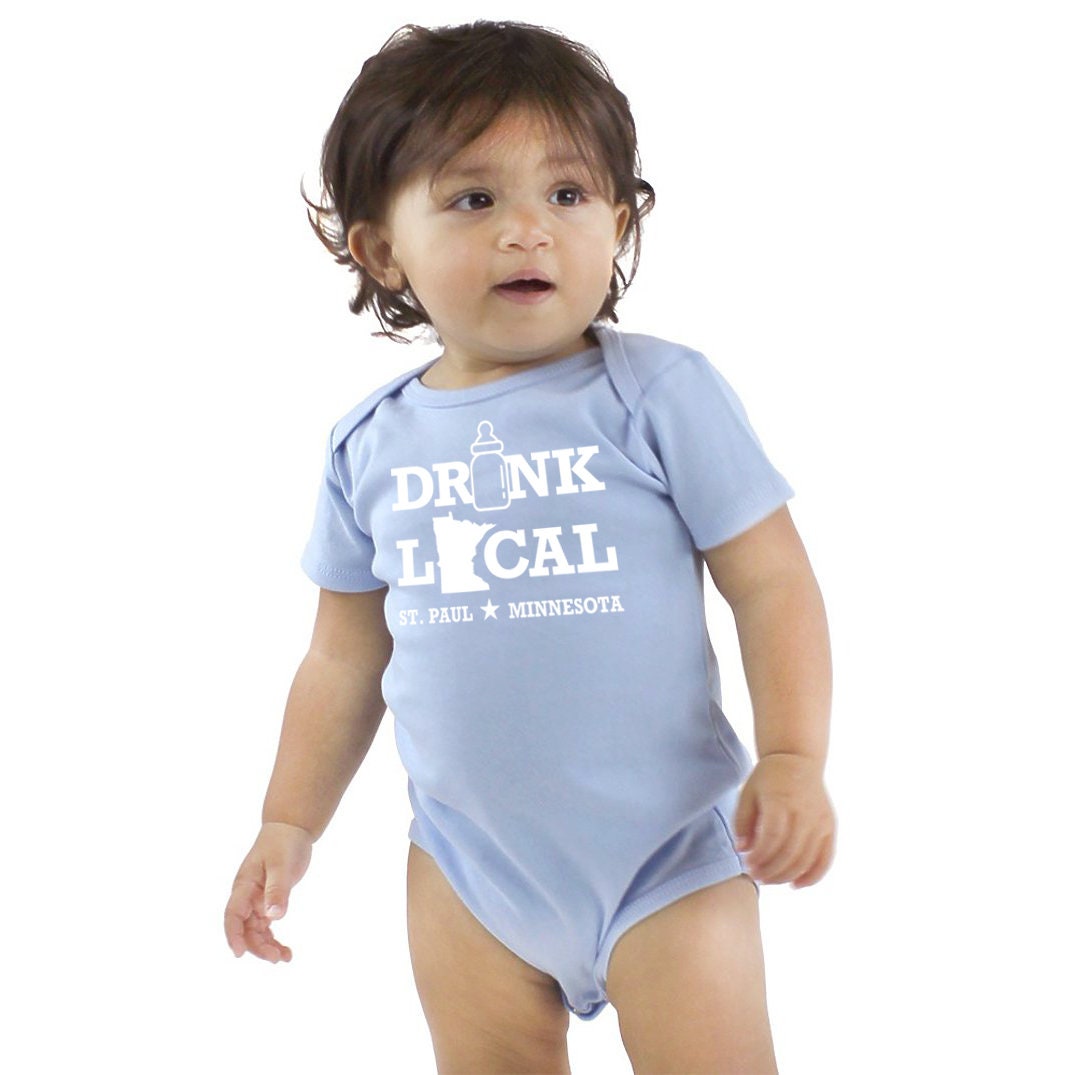 All States 'Drink Local' Personalized Cotton One Piece Bodysuit - Infant Girl and Boy Gift American Made Baby Clothing Funny Baby Gift