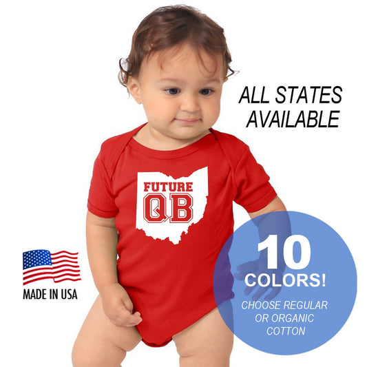 All States 'Future QB' Cotton Baby One Piece Bodysuit Gift American Made Baby Clothing | Regular or Organic Cotton Baby Gift