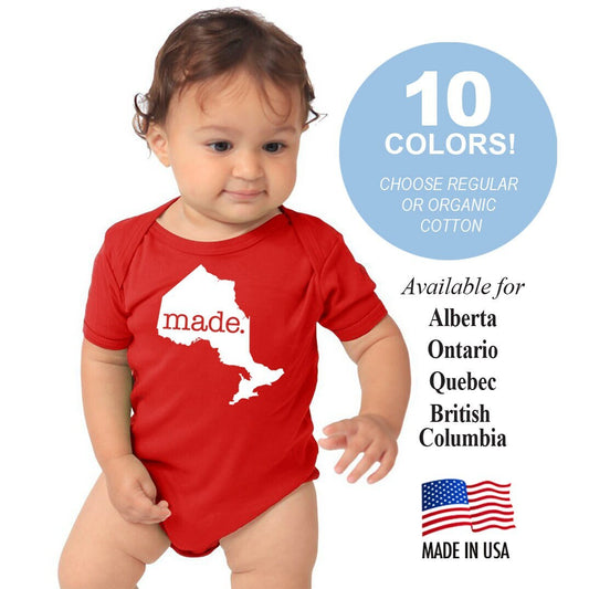 Canadian Province 'made' Baby One Piece - Cotton Baby Romper Bodysuit - Infant Girl and Boy Gift