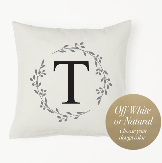 Wreath with Letter Personalized Canvas Square Pillow or Pillow Cover