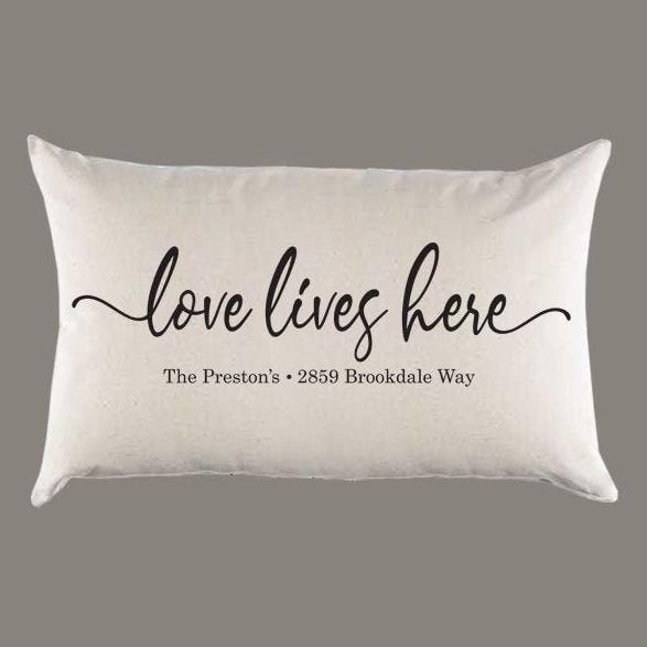Personalized 'Love lives here' with Name and Address Canvas Pillow or Pillow Cover