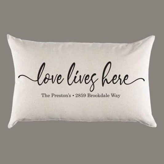 Personalized 'Love lives here' with Name and Address Canvas Pillow or Pillow Cover