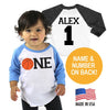 Basketball First Birthday 1st Birthday Twins Tri-blend Raglan Baseball Shirt - Child Personalized Name and Number on Back - Infant, Toddler sizes