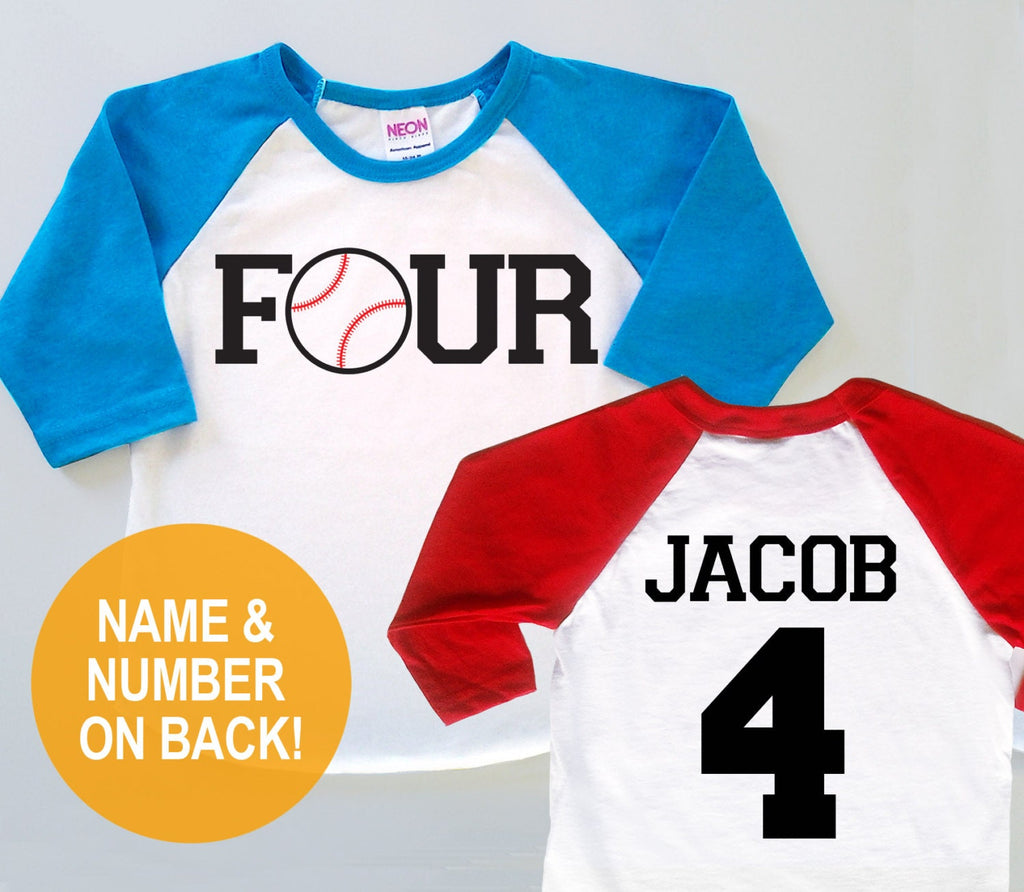 Personalized Fourth 4th Birthday Baseball Jersey -  Baby Toddler Kids Poly Cotton 3/4 Sleeve Four Baseball Shirt