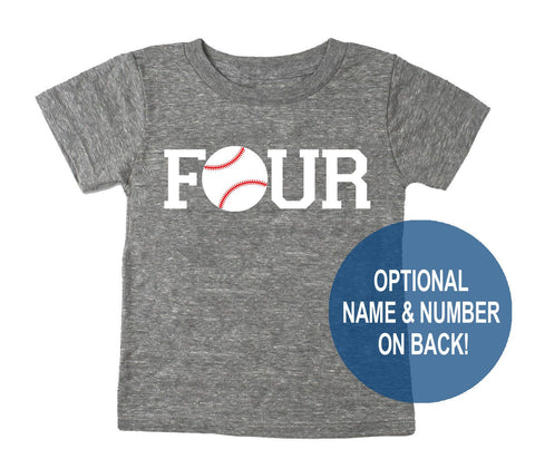 Fourth 4th Birthday 'Four' Baseball Tri Blend Toddler Fourth Birthday T-Shirt - Toddler Boy and Girl Tee